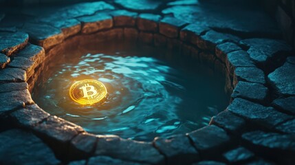 Golden Bitcoin Coin Floating in Dark Water Well