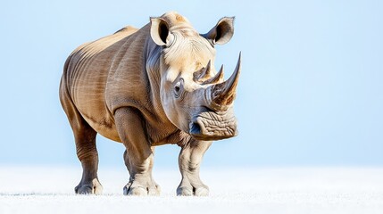 Fototapeta premium Majestic white rhinoceros standing on a vast, white plain under a clear sky.