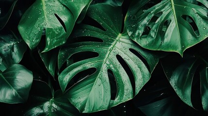 Lush green tropical leaves with water droplets.