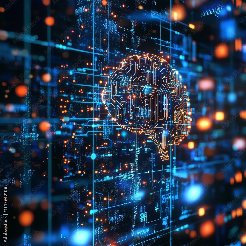Poster digital brain representation showcasing technological advancements in artificial intelligence and ne