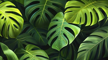 Obraz premium Lush green tropical leaves with dew drops.