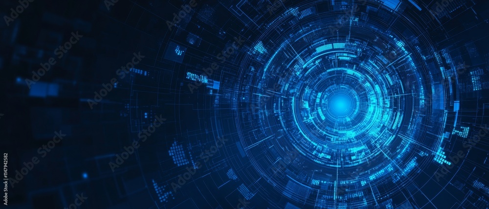 Poster Abstract Digital Vortex With Blue Light Rays Emanating From a Central Point Creating a Futuristic Visual Effect in a Technological Environment