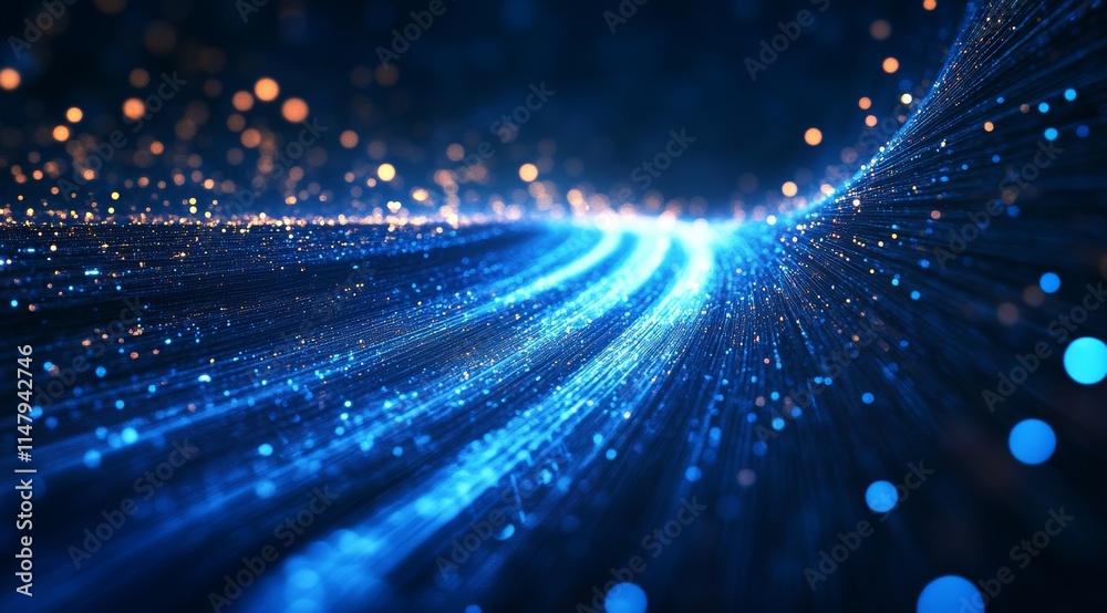 Poster exploration of light trails and shimmering particles creating a mesmerizing wave in a dark backgroun