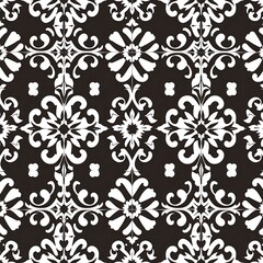 Black and White Floral Damask Seamless Pattern: This intricate pattern features elegant white floral motifs against a rich black background, offering a timeless and sophisticated design.