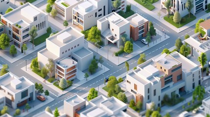 A harmonious urban environment with a balance of modern homes, industrial buildings, and commercial spaces in isometric 3D rendering