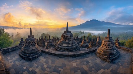 Borobudur Temple at Sunrise: Majestic Indonesian Heritage Site with Volcanic Backdrop