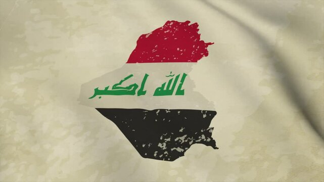Wavy Map of IRAQ with Flag in Body Isolated on Vintage Background