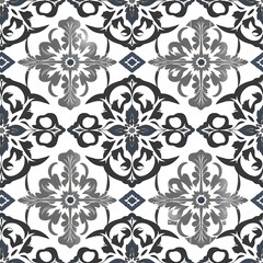 Obraz premium Elegant Damask Pattern: Seamless vector background with intricate floral design in shades of gray and white. Perfect for wallpaper, fabric, or home decor. 