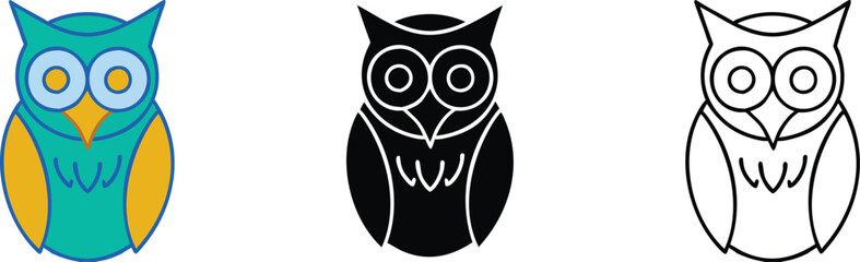 Three Owl Designs Teal, Black, and Outline Illustrations