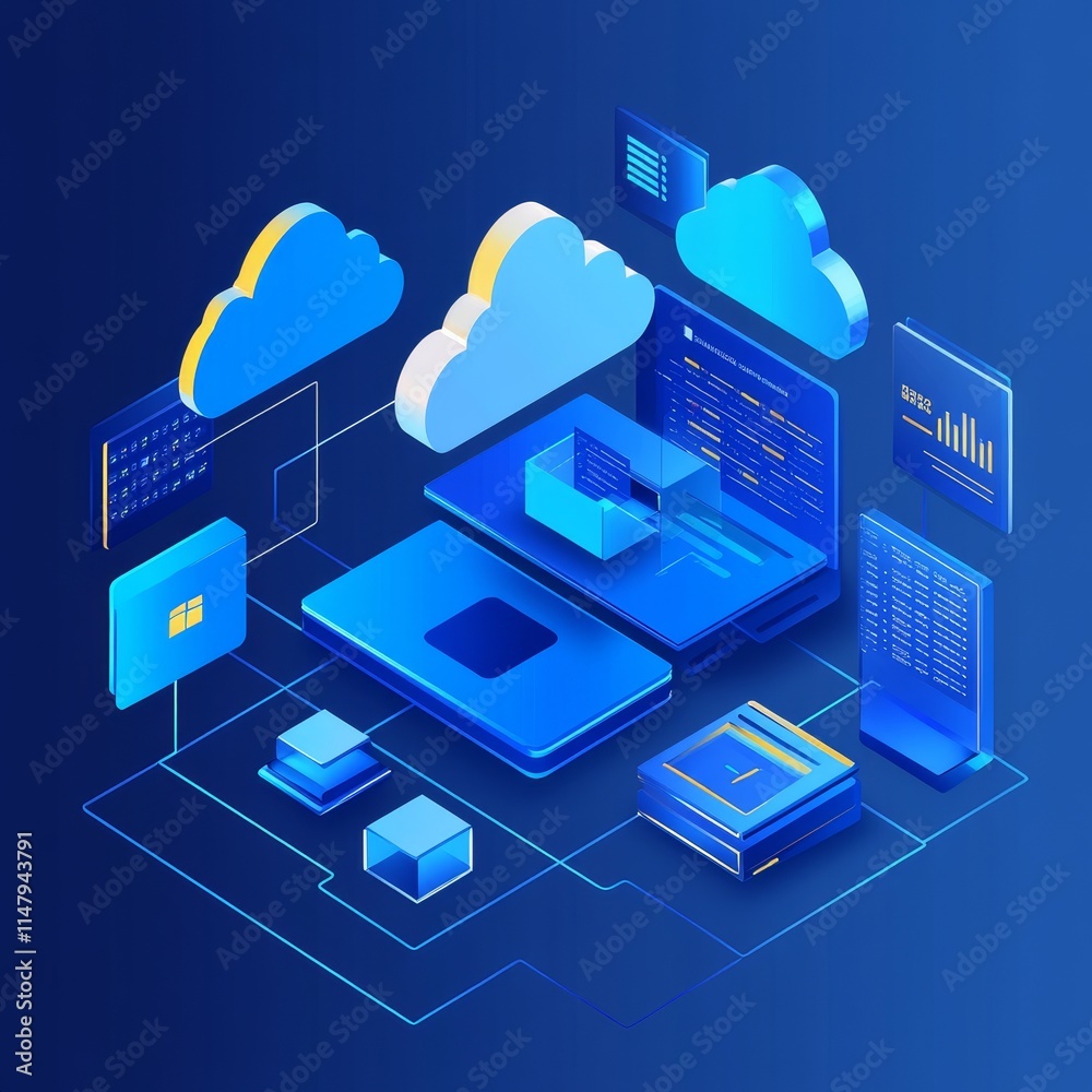 Poster cloud computing technology with data analysis and server management displayed through 3d graphics an