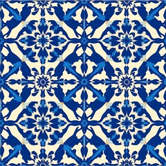 Fototapeta premium Intricate Blue and White Tile Pattern: A seamless repeat pattern featuring a mesmerizing blue and white tile design, perfect for a modern or traditional aesthetic. 