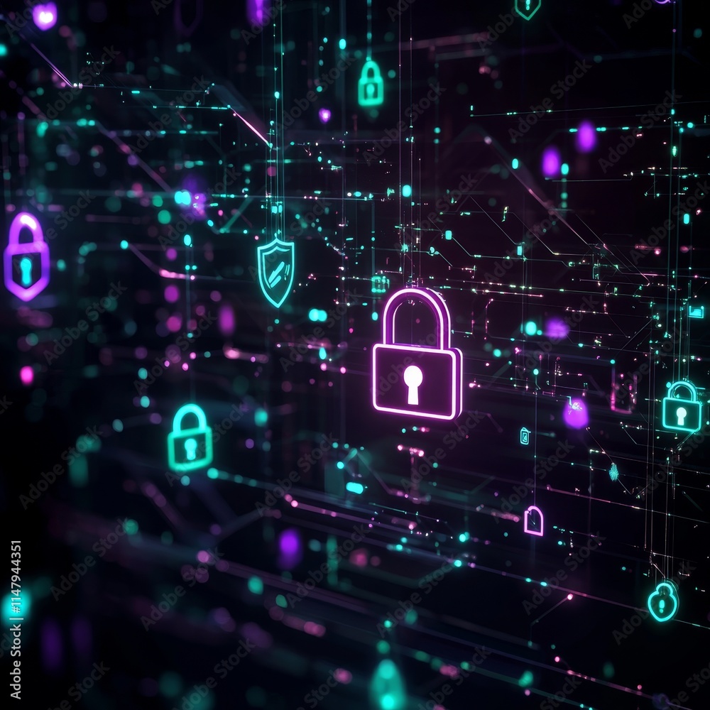 Poster visual representation of digital security with locks and glowing symbols on a modern tech background