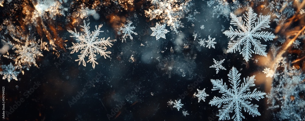 Wall mural Close-up of snowflakes, winter holiday background. Macro image of snowflakes in winter.