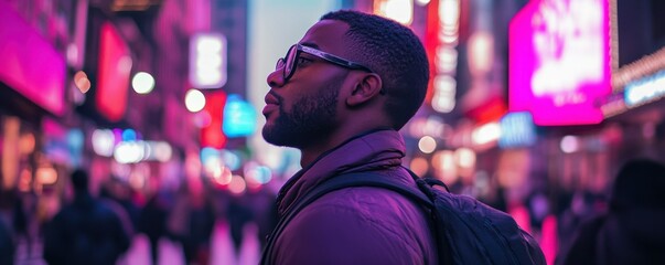 Close-up photo of a black traveler walking through a neon-lit street bustling with activity in a vibrant city