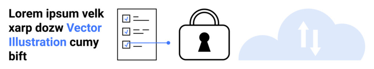 Checklist icon connected to a padlock symbol representing security, adjacent to a cloud with data synchronization arrows. Ideal for cybersecurity, data protection, cloud storage, privacy policies