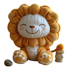 Orange plush toy lion with white spots, wearing yellow mane and beige garment, sitting upright, transparent PNG for decorative purposes