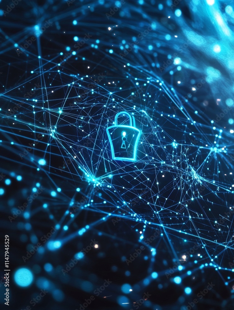 Poster digital lock symbol surrounded by interconnected data points illustrating cybersecurity in a virtual