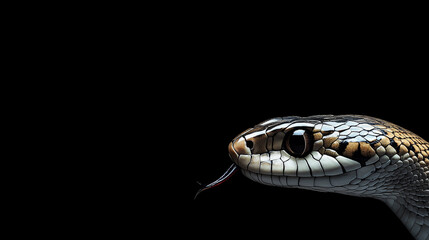A striking portrait of a snake's face protruding partially from the edge Isolated on a black background to create elegance and depth