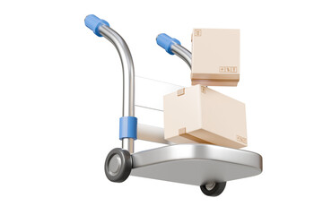 3d Hand truck with cardboard or parcel box icon isolated on transparent background. Transport trolley. Cargo logistic delivery online service concept. 3d Minimal hand truck procurement icon. 3d render