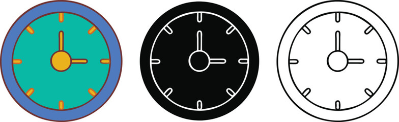 Clock Face Variations Color, Black, Outline, Time Design