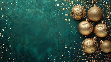 Modern art deco luxury Christmas card featuring intricate golden festive ornaments subtle spot texture and green background