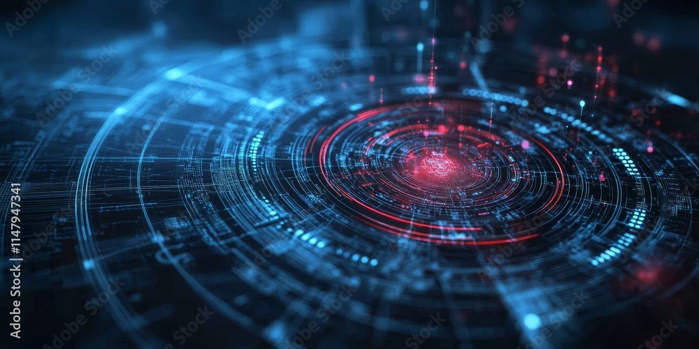 Poster digital abstract design featuring glowing circles and intricate patterns in blue and red hues, symbo