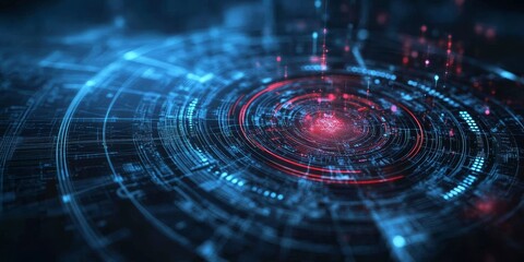 Digital Abstract Design Featuring Glowing Circles and Intricate Patterns in Blue and Red Hues, Symbolizing Technology and Data Visualization