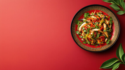 Fototapeta premium vibrant fish dish with colorful vegetables on decorative plate, showcasing culinary artistry