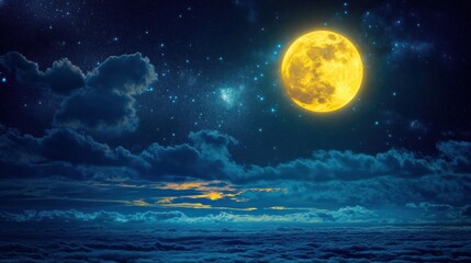 Celestial Night: A Serene Full Moon Above Clouds and Stars