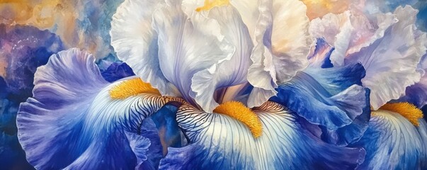 closeup of a multicolored blue, yellow and white bearded iris