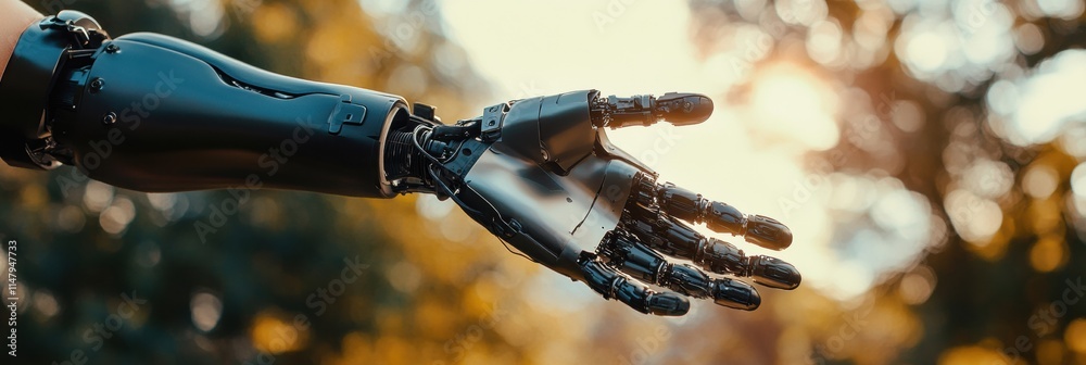 Poster Prosthetic arm demonstrating advanced functionality in outdoor setting. Generative AI