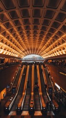 Obraz premium Soft focus of crowded city metro station with escalators