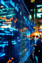 Obraz premium A computer screen shows a graph of stock prices. There are several people standing behind the screen. One person is wearing a suit and tie