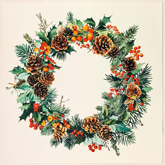 Decorative wreath made from pine cones, holly, and berries for seasonal festivities