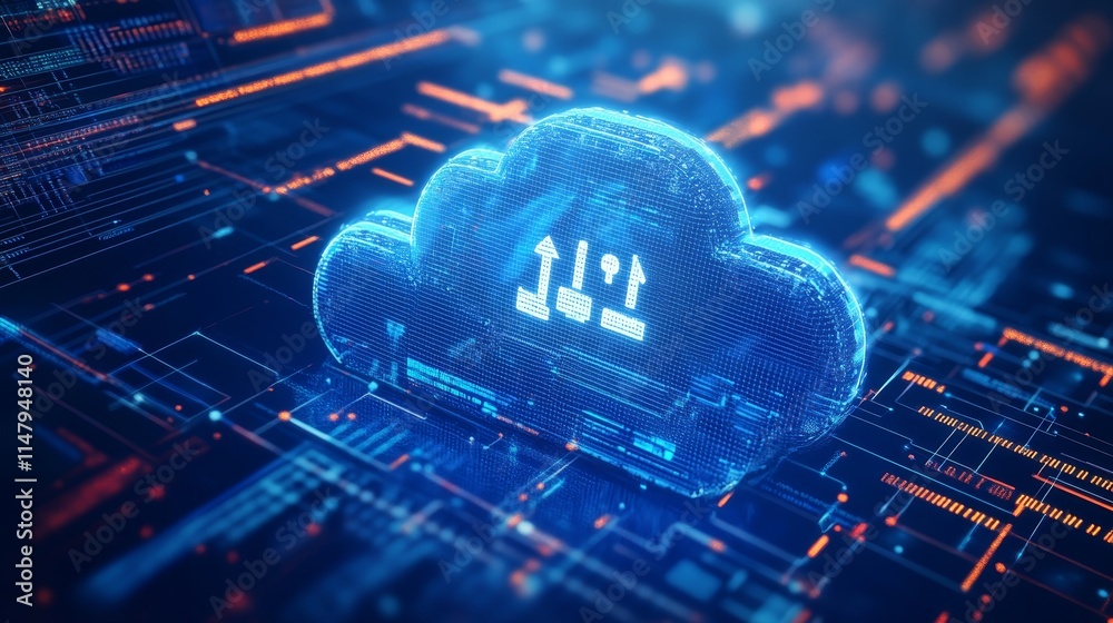 Poster digital cloud computing with data upload and download icons in a network of connected circuits and b