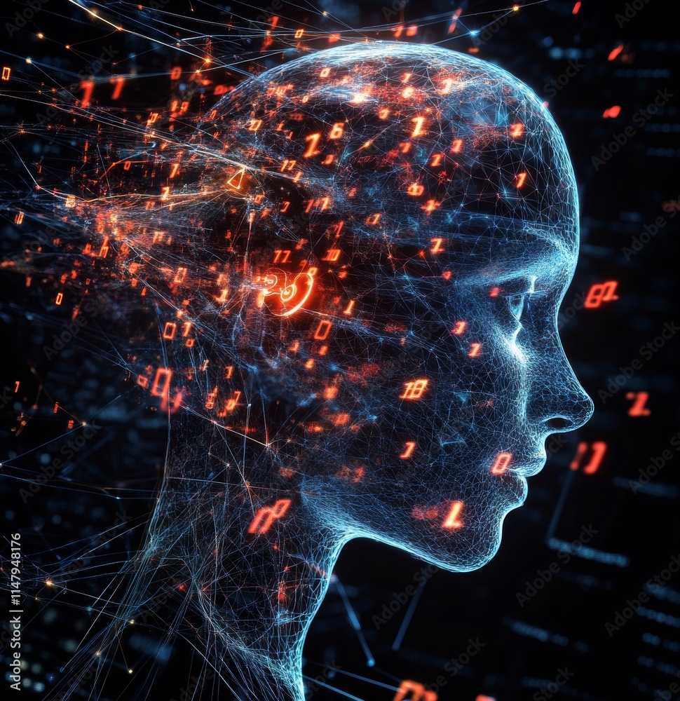 Poster visual representation of artificial intelligence and data processing showcasing human brain silhouet