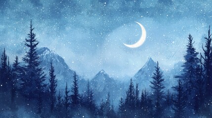 Fototapeta premium Serene winter night crescent moon over snowy mountains