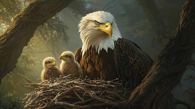 majestic eagle watches over her eaglet chicks in serene forest