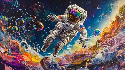 Fototapeta premium Pop art style painting of an astronaut in a galaxy filled with vivid bubbles and swirling colors on an alien landscape