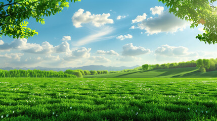 Obraz premium Serene Green Landscape Illustration with Sunny Blue Skies and Fluffy Clouds in a Peaceful Countryside Setting