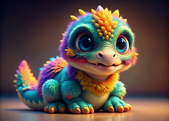 Captivating illustration of enchanting fantasy friendly and adorable creature with large, expressive eyes similar to a dinosaur or a baby dragon.