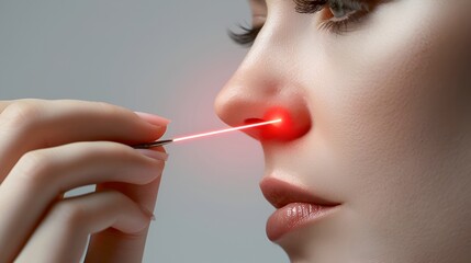 Medical-grade laser beam directed at a mole during a skin enhancement session, youthful woman&rsquo;s face