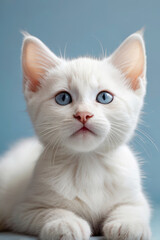 Obraz premium Cute white kitten with curious eyes staring up on a soft blue background. A versatile image for creative and commercial projects with a clean, minimalist aesthetic