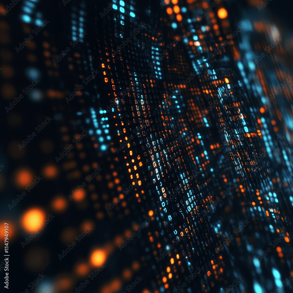 Poster digital data streams illuminated by blue and orange lights create a dynamic visualization of technol