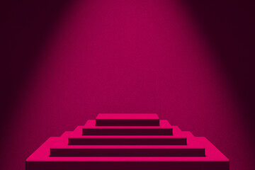Stair step luxury premium dark red velvet stage to display product. light and shadow elegant velvet wall backdrop. Spotlight lighting. Podium or pedestal advertising fashion cosmetic. 3D Illustration.