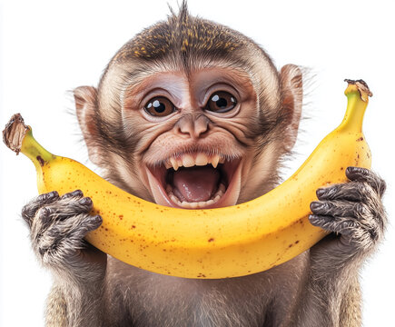 happy monkey holding a banana in its mouth, isolated on a white background