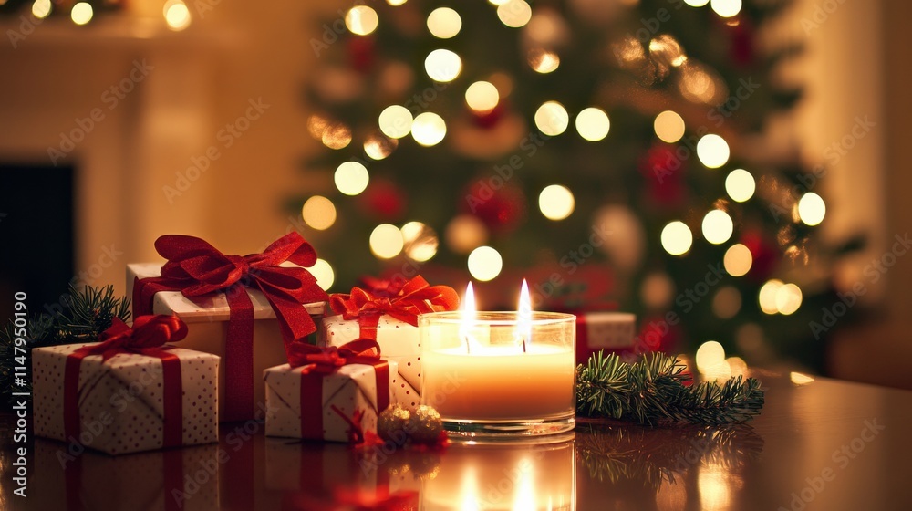 Poster festive gift boxes adorned with ribbons and lit candles on a table beside a glowing christmas tree i