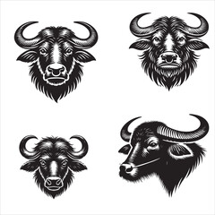 4 Set of Black Buffalo Face Silhouettes Isolated on White Background