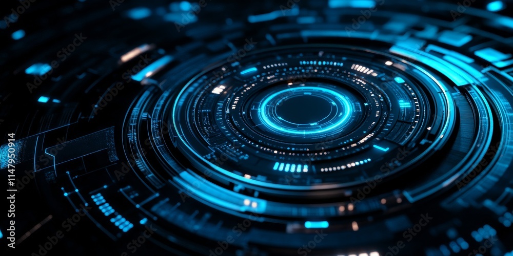 Poster futuristic digital design with glowing blue circular patterns and intricate technology elements in a
