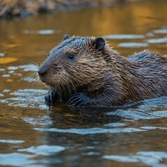 A turquoise-furred beaver cub swimming gracefully through a golden autumn river.